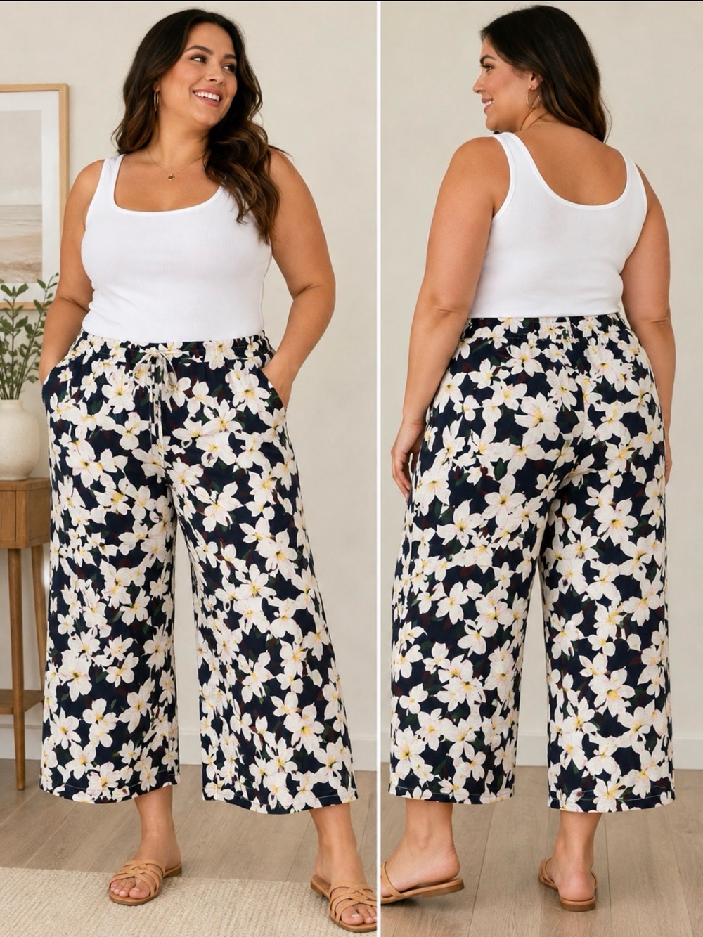 Rachel Roy Floral Wide Leg Crop Pants 3X Navy Ivory Drawstring NWT